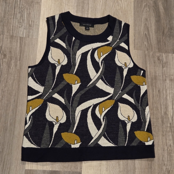 Ann Taylor Navy Blue Yellow Floral Sleeveless Crew Crop Sweater S - Picture 3 of 5